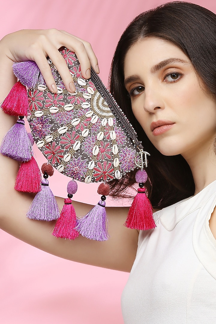 Grey Suede Embroidered Envelope Clutch by Quirky Tales at Pernia's Pop Up Shop