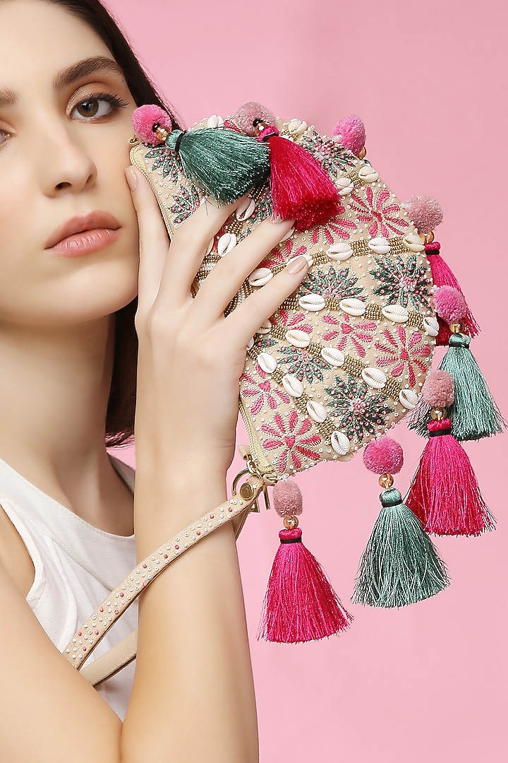 Beige Suede Embroidered Envelope Clutch by Quirky Tales at Pernia's Pop Up Shop