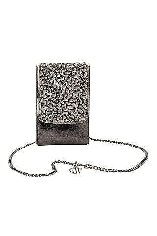 Grey Metallic Hand Embroidered Mobile Bag by Quirky Tales