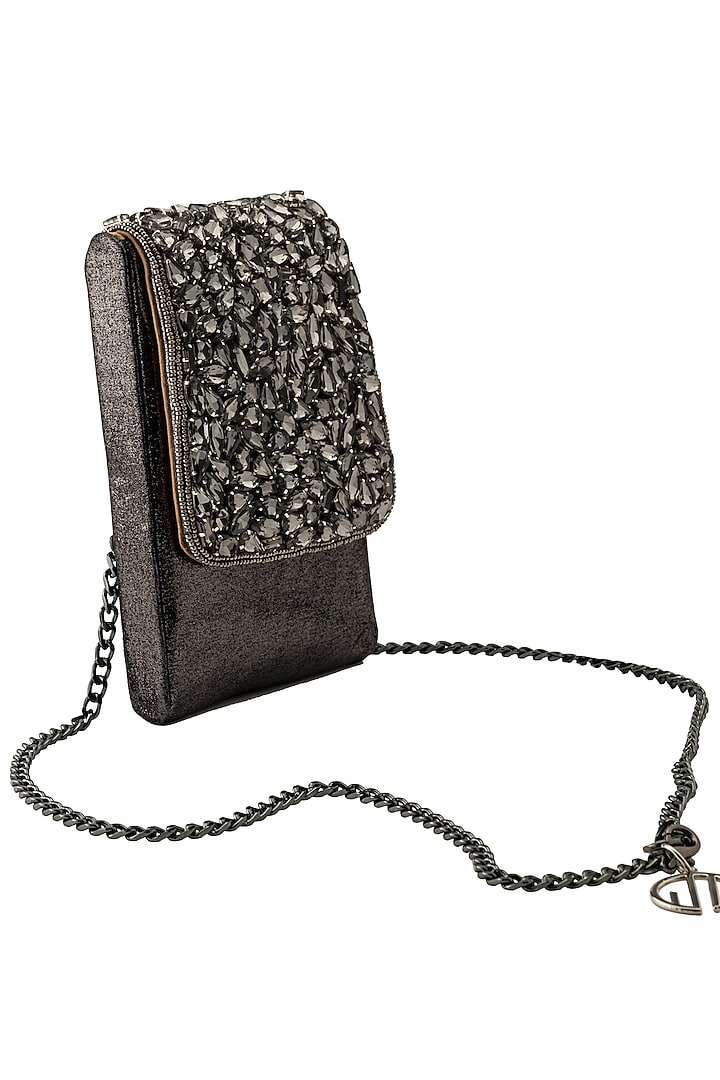 Grey Metallic Hand Embroidered Mobile Bag by Quirky Tales at Pernia's Pop Up Shop