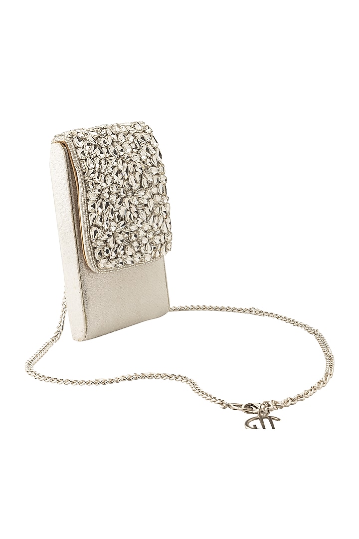 Silver Metallic Hand Embroidered Mobile Bag by Quirky Tales at Pernia's Pop Up Shop