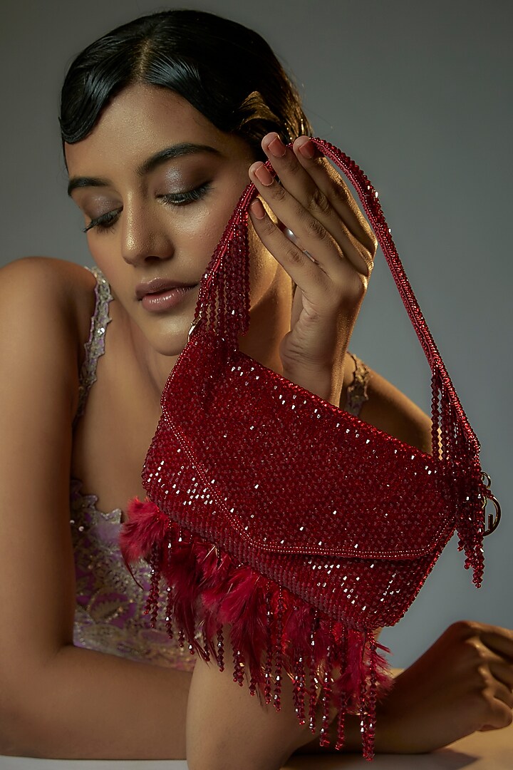 Red Jute Embellished Envelope Clutch by Quirky Tales at Pernia's Pop Up Shop