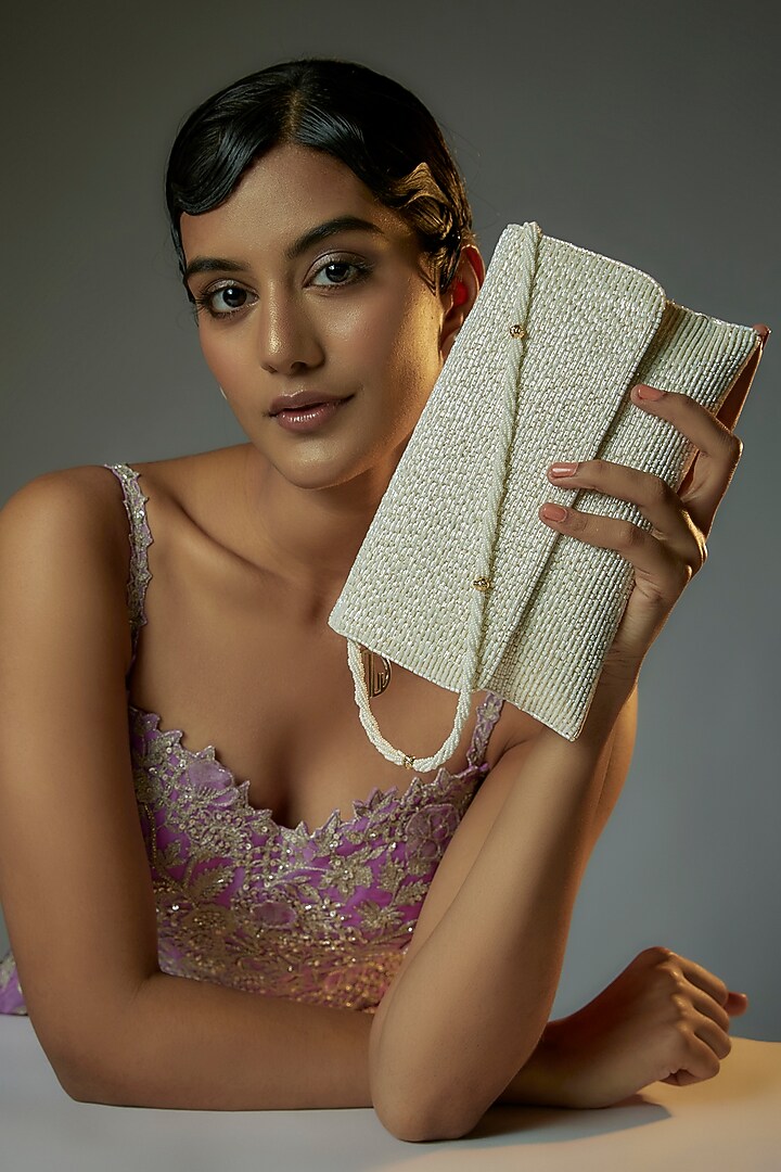 White Jute Embellished Clutch by Quirky Tales at Pernia's Pop Up Shop