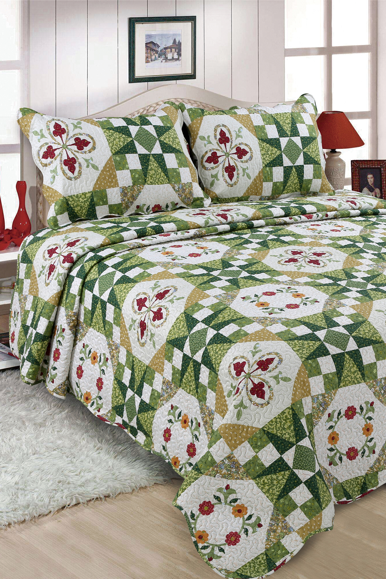 Green Floral Quilted Bedspread Set (Set of 3) by Quilting Tree at Pernia's Pop Up Shop