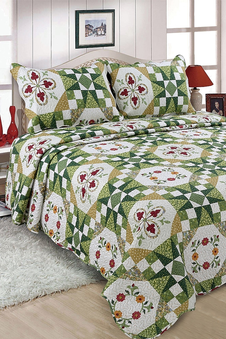 Green Floral Quilted Bedspread Set (Set of 3) by Quilting Tree