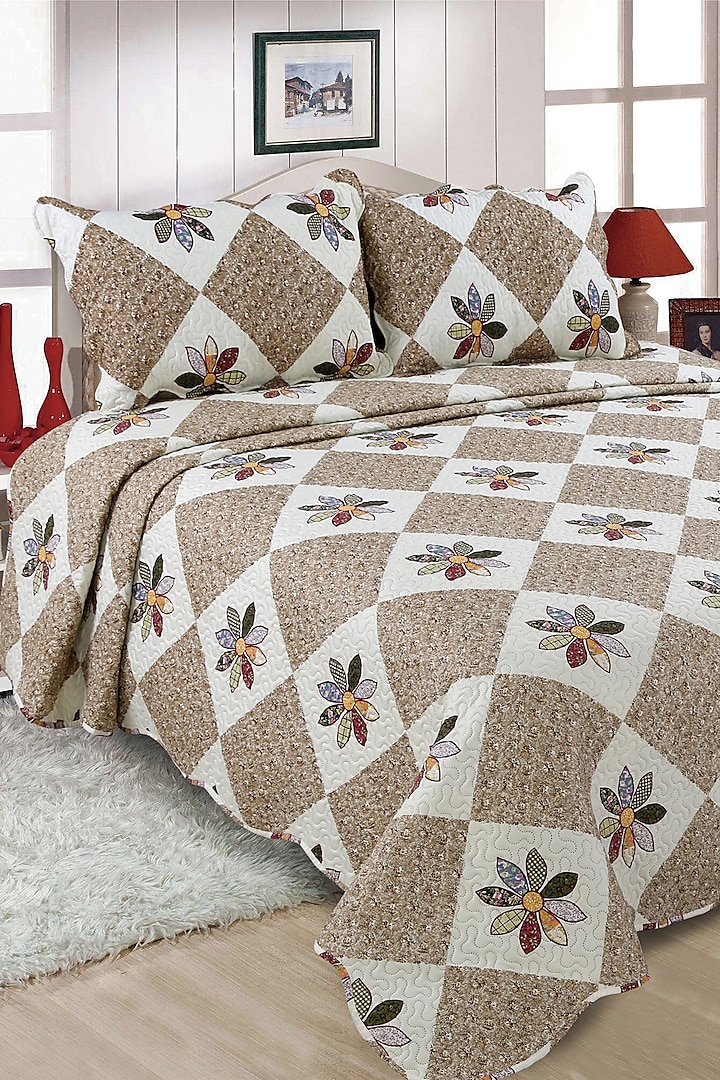 Beige Floral Quilted Bedspread Set (Set of 3) by Quilting Tree