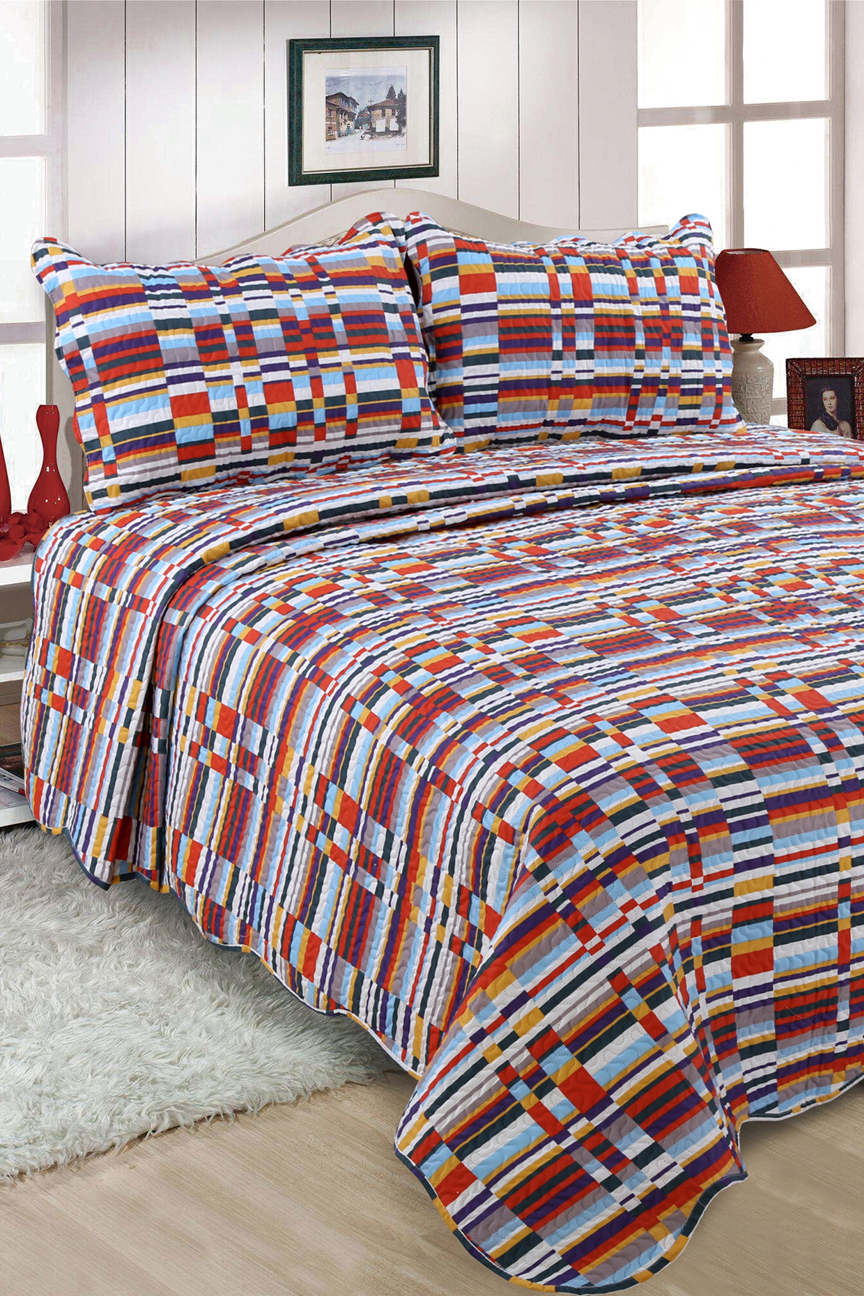 Multi-Colored Striped Quilted Bedspread Set (Set of 3) by Quilting Tree at Pernia's Pop Up Shop