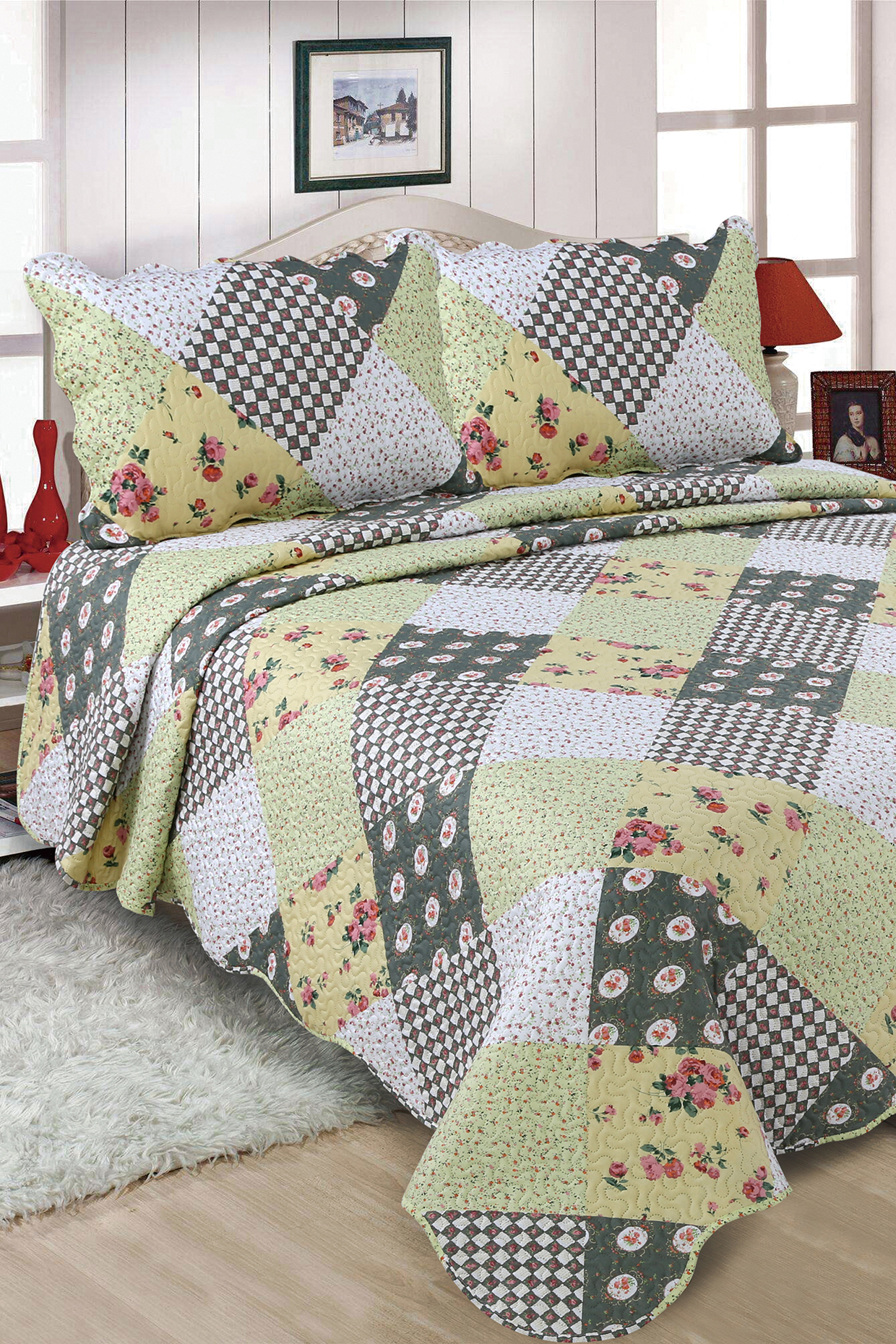 Green Checkered Quilted Bedspread Set (Set of 3) by Quilting Tree at Pernia's Pop Up Shop