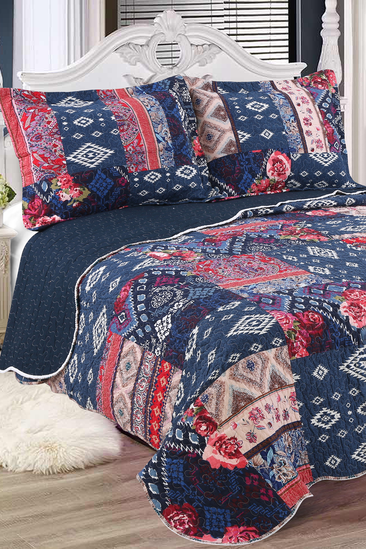 Navy Blue Patchwork Quilted Bedspread Set (Set of 3) by Quilting Tree at Pernia's Pop Up Shop