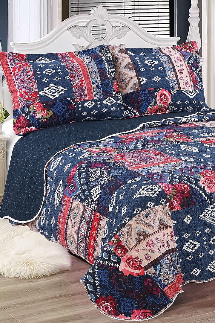 Navy Blue Patchwork Quilted Bedspread Set (Set of 3) by Quilting Tree at Pernia's Pop Up Shop