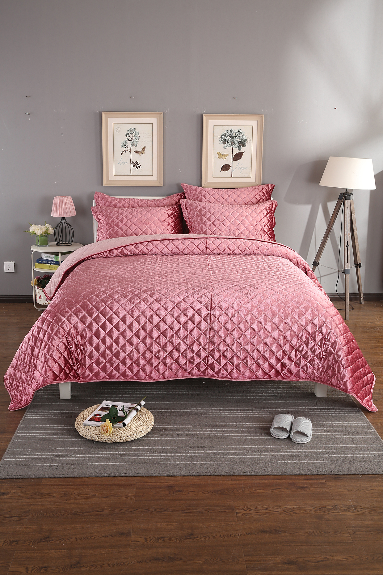 Dark Pink Diamond Quilted Bedspread Set (Set of 3) by Quilting Tree at Pernia's Pop Up Shop