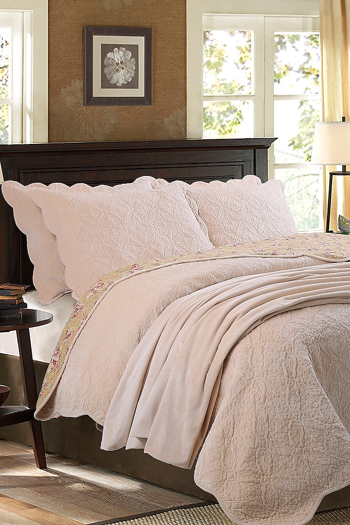 Beige Intricate Quilted Bedspread Set (Set of 4) by Quilting Tree at Pernia's Pop Up Shop