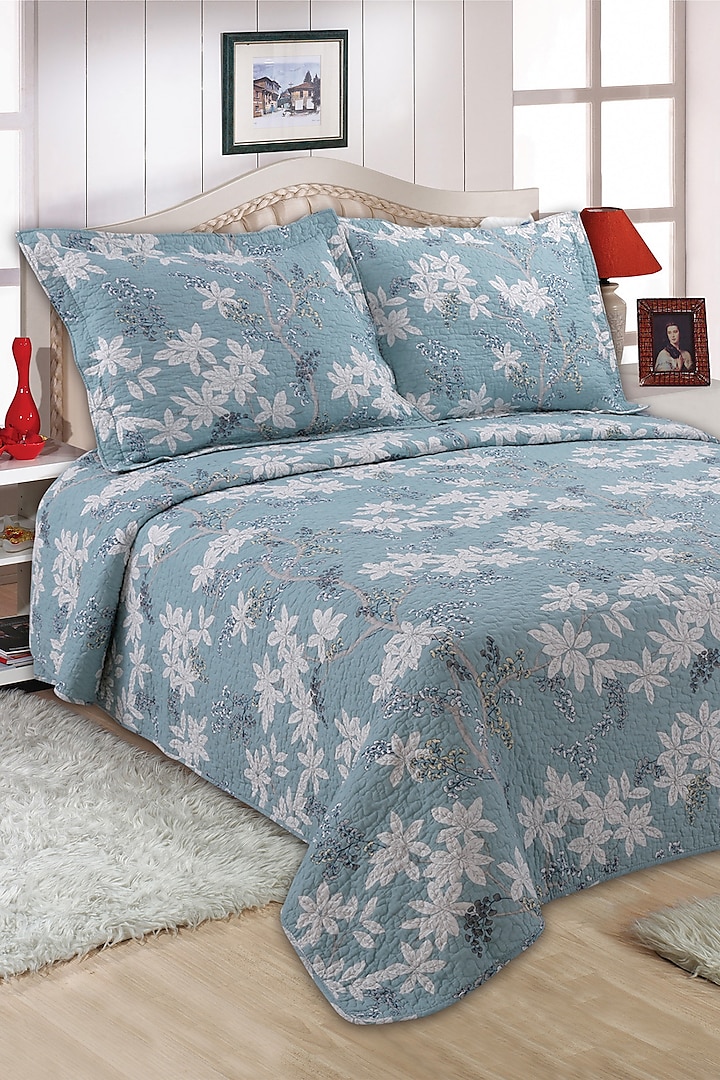 Blue Floral Quilted Bedspread Set (Set of 3) by Quilting Tree