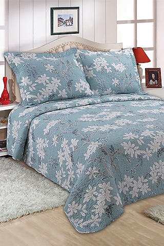 Blue Floral Quilted Bedspread Set (Set of 3) by Quilting Tree