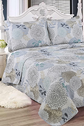Powder Blue Floral Quilted Bedspread Set (Set of 3) by Quilting Tree