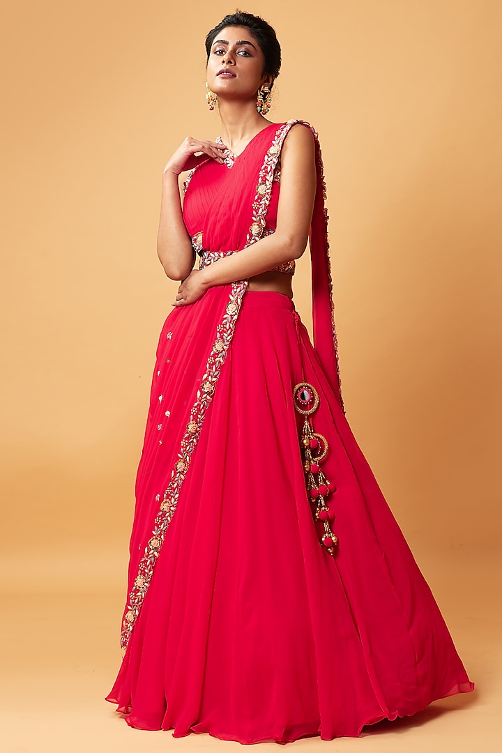 Cadmium Red Hand Embroidered Draped Lehenga Set by Quench A Thirst