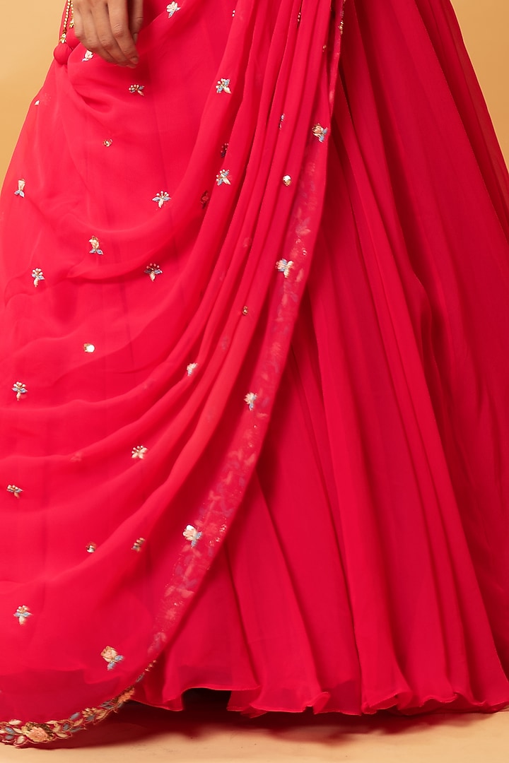 Cadmium Red Hand Embroidered Draped Wedding Lehenga Set by Quench A Thirst at Pernia's Pop Up Shop