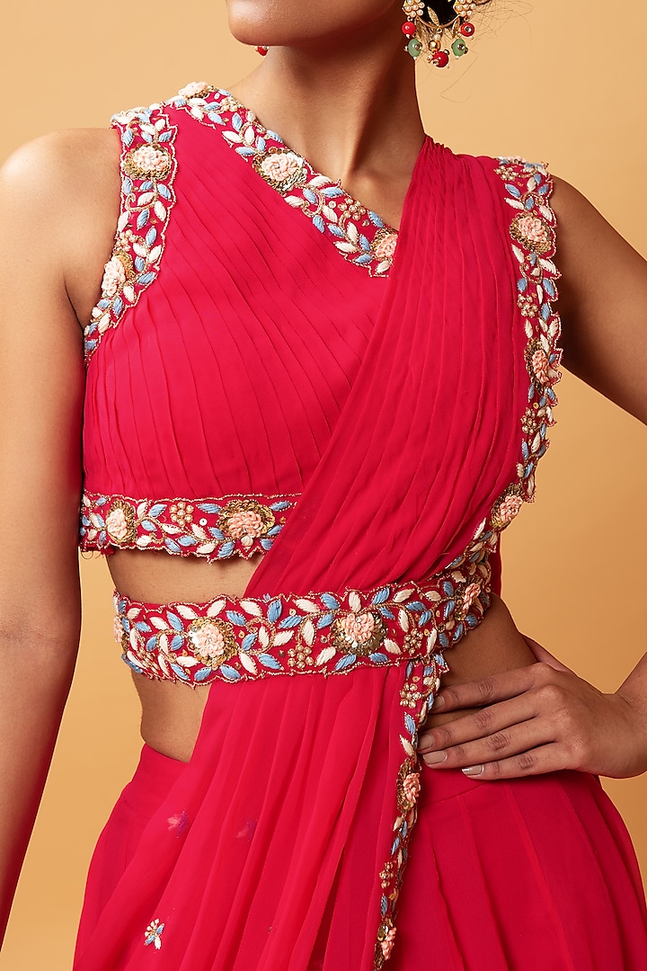 Cadmium Red Hand Embroidered Draped Wedding Lehenga Set by Quench A Thirst at Pernia's Pop Up Shop