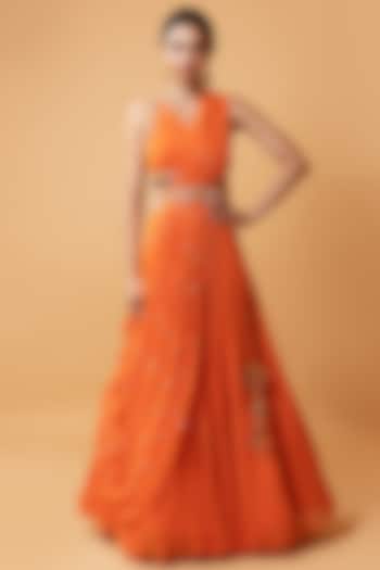 Bright Orange Hand Embroidered Draped Lehenga Set by Quench A Thirst