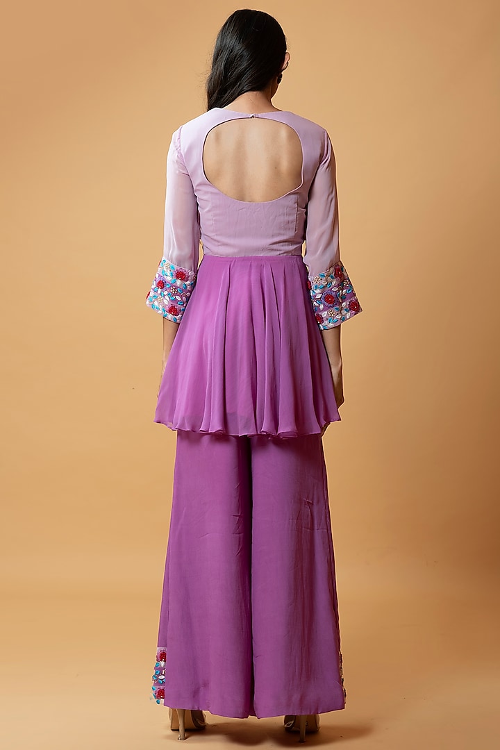 French Pink Georgette Hand Embroidered Party Wear Sharara Set by Quench A Thirst at Pernia's Pop Up Shop