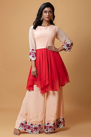 Peach Georgette Hand Embroidered Sharara Set by Quench A Thirst