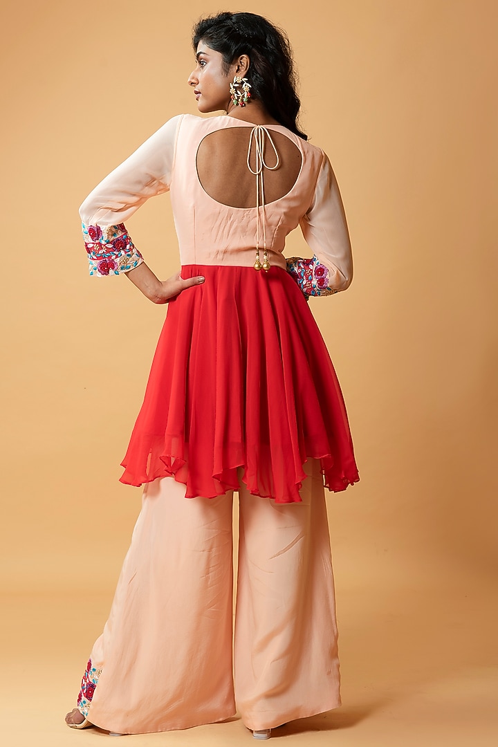 Peach Georgette Hand Embroidered Party Wear Sharara Set by Quench A Thirst at Pernia's Pop Up Shop
