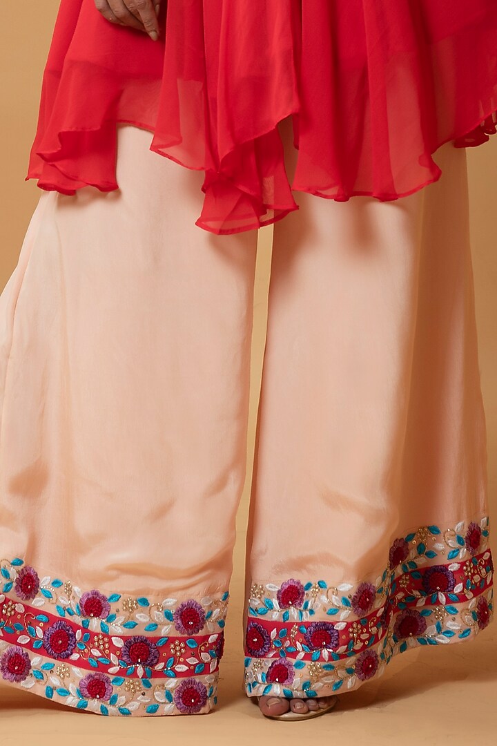 Peach Georgette Hand Embroidered Party Wear Sharara Set by Quench A Thirst at Pernia's Pop Up Shop