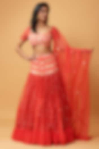 Red Hand Embroidered Ruffled Wedding Lehenga Set by Quench A Thirst at Pernia's Pop Up Shop