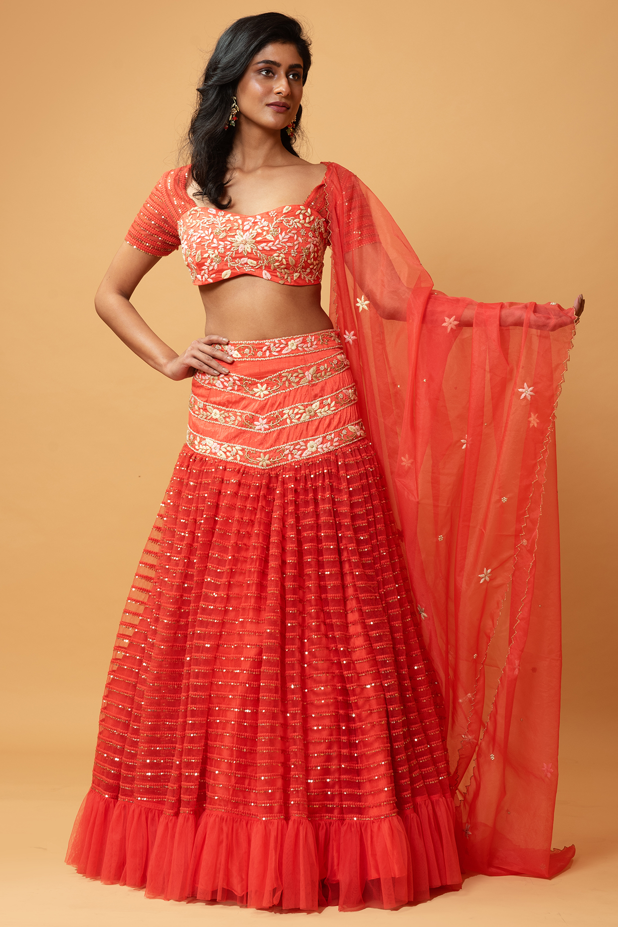 Red Hand Embroidered Ruffled Wedding Lehenga Set by Quench A Thirst at Pernia's Pop Up Shop