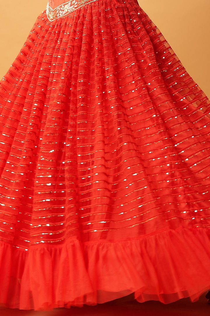 Red Hand Embroidered Ruffled Wedding Lehenga Set by Quench A Thirst at Pernia's Pop Up Shop