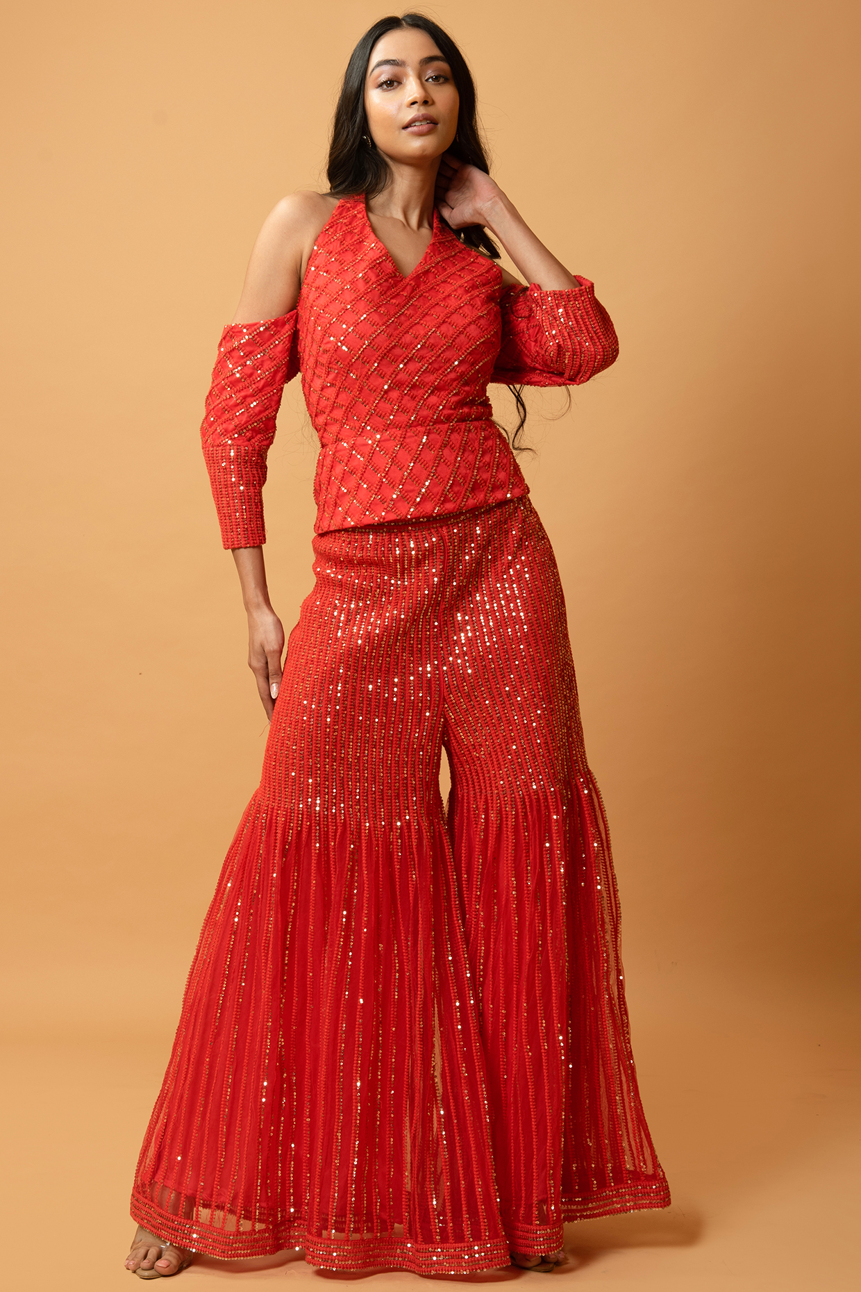 Crimson Red Machine Embroidered Party Wear Sharara Set by Quench A Thirst at Pernia's Pop Up Shop