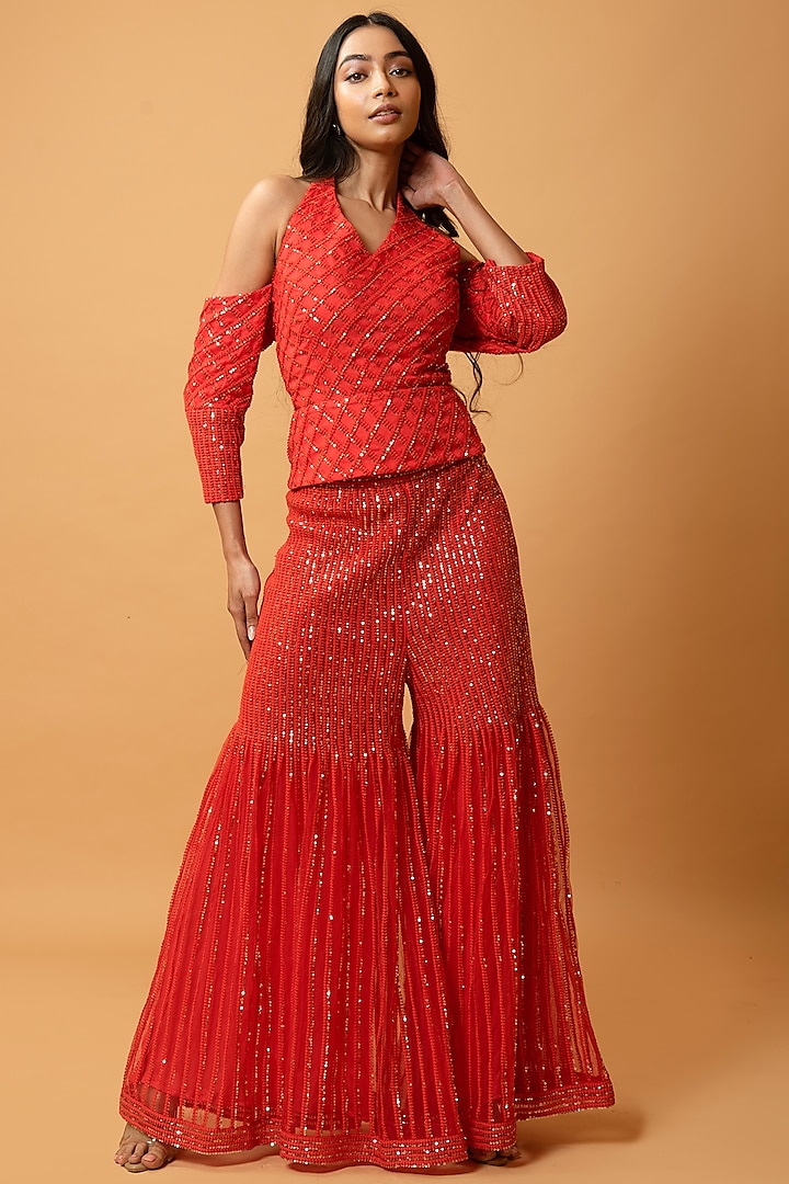 Crimson Red Machine Embroidered Party Wear Sharara Set by Quench A Thirst at Pernia's Pop Up Shop