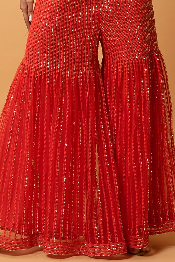 Crimson Red Machine Embroidered Wedding Sharara Set by Quench A Thirst at Pernia's Pop Up Shop