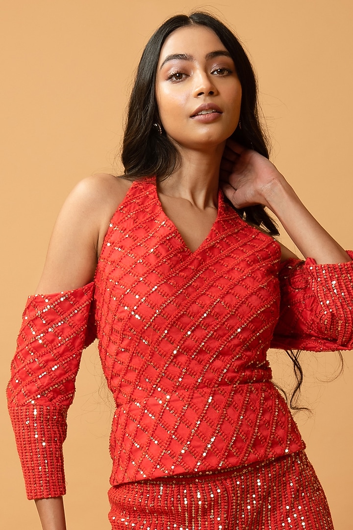 Crimson Red Machine Embroidered Wedding Sharara Set by Quench A Thirst at Pernia's Pop Up Shop