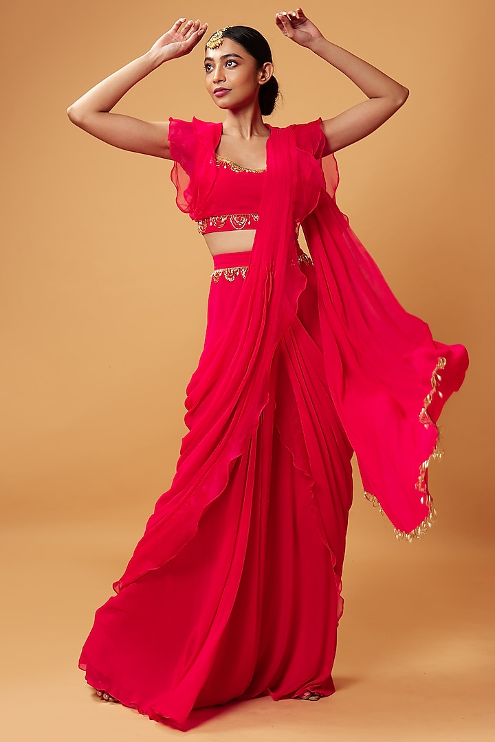 Pink-Red Georgette & Organza Ruffled Saree Set by Quench A Thirst