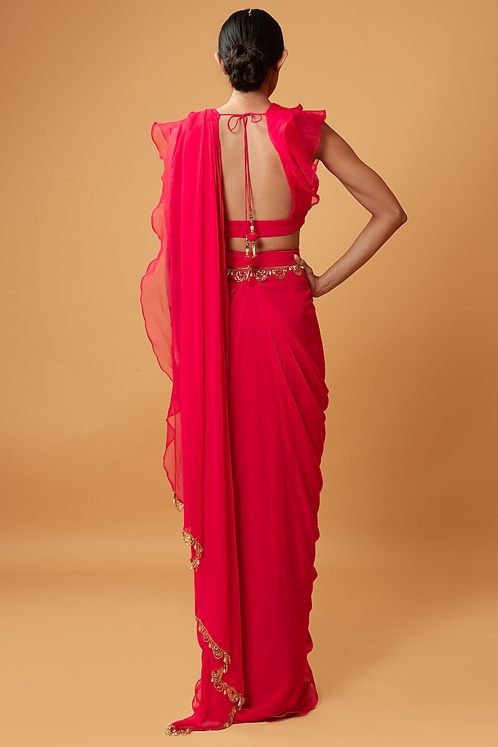 Pink-Red Georgette & Organza Ruffled Party Wear Saree Set by Quench A Thirst at Pernia's Pop Up Shop