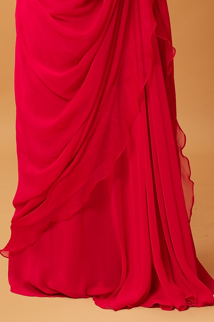 Pink-Red Georgette & Organza Ruffled Party Wear Saree Set by Quench A Thirst at Pernia's Pop Up Shop