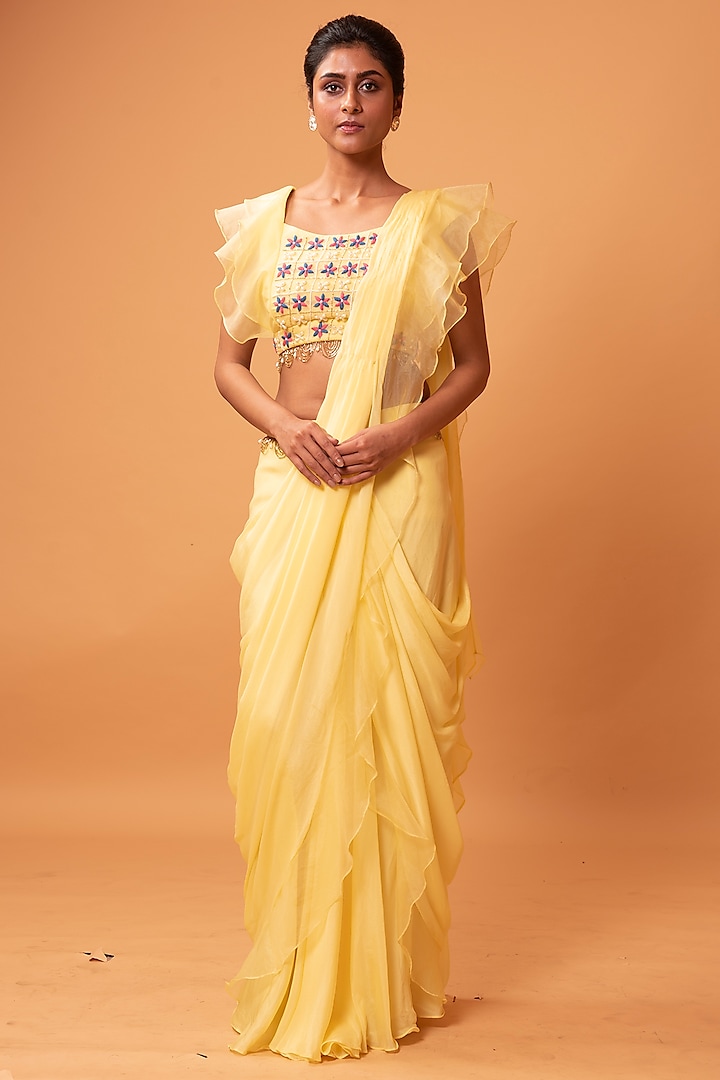 Butter Yellow Georgette & Organza Ruffled Saree Set by Quench A Thirst