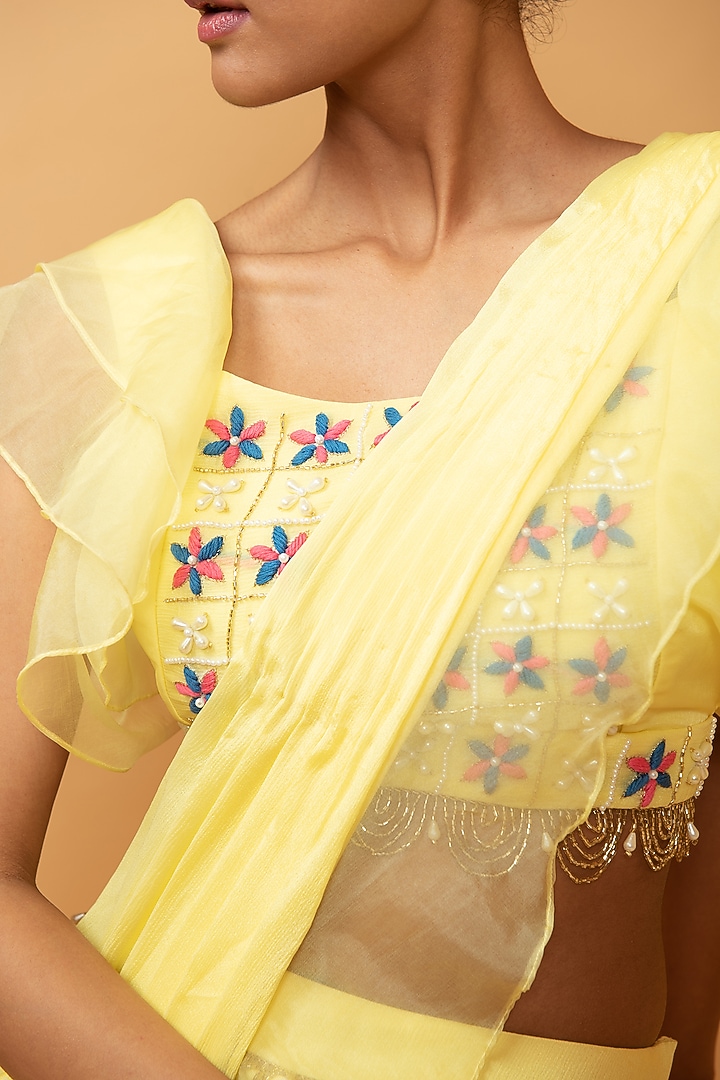 Butter Yellow Georgette & Organza Ruffled Party Wear Saree Set by Quench A Thirst at Pernia's Pop Up Shop