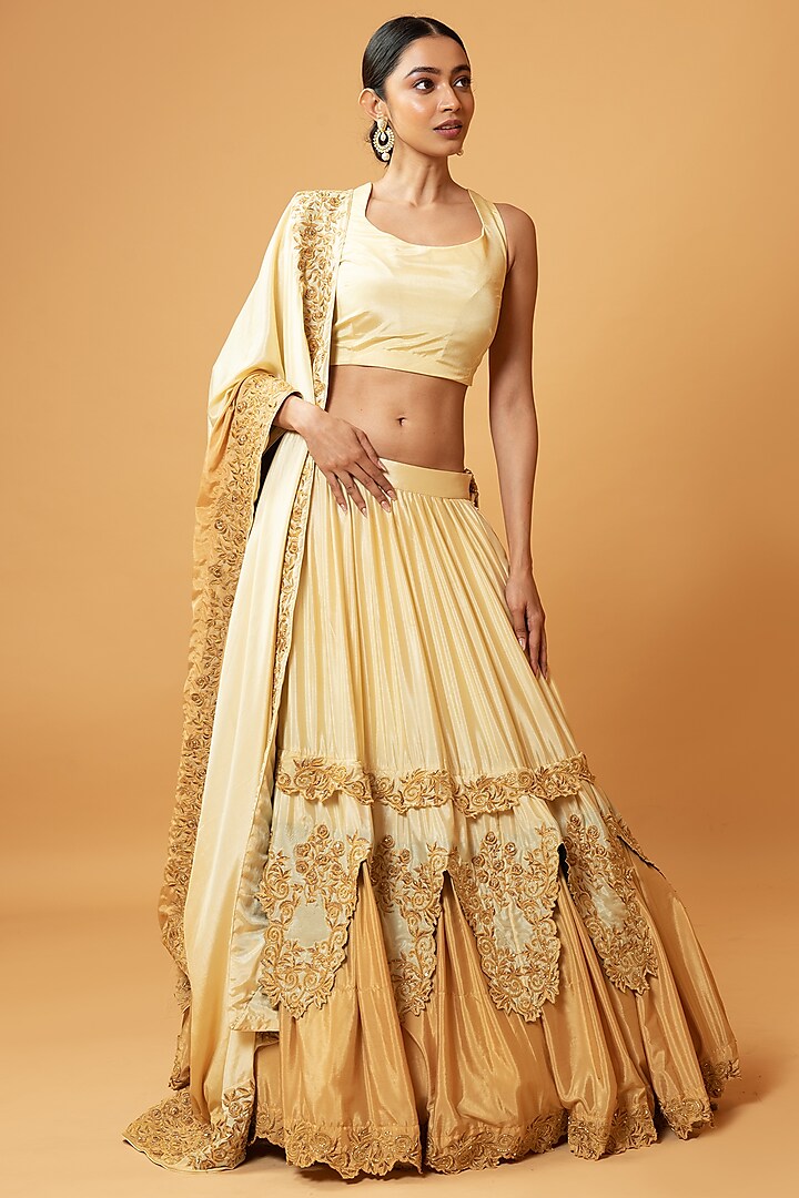 Light Gold Ombre Machine & Hand Embroidered Layered Wedding Lehenga Set by Quench A Thirst at Pernia's Pop Up Shop