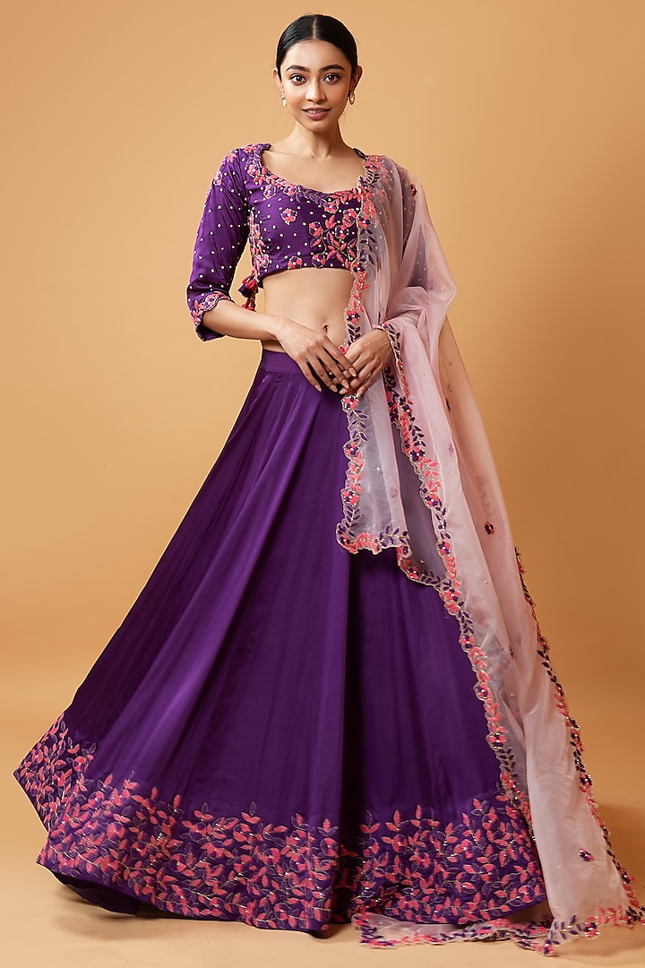 Violet Hand Embroidered Wedding Lehenga Set by Quench A Thirst at Pernia's Pop Up Shop