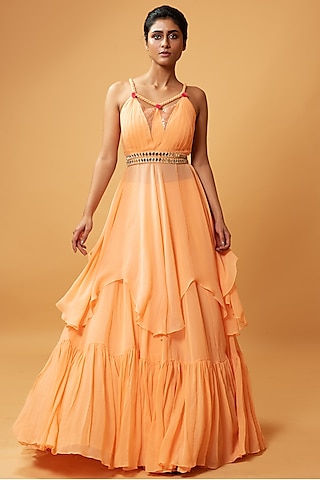 Peach Georgette & Sequins Flared Lehenga Set by Quench A Thirst