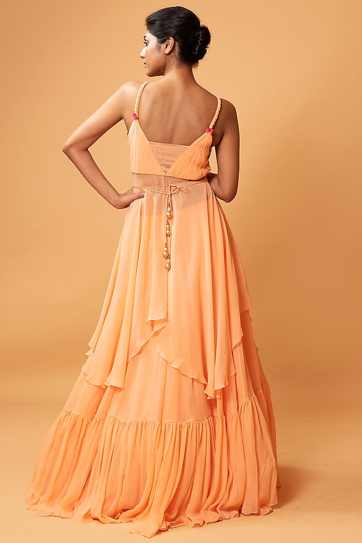 Peach Georgette & Sequins Flared Lehenga Set by Quench A Thirst at Pernia's Pop Up Shop