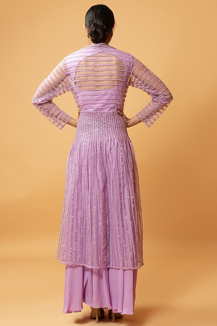 Lilac Muslin & Net Sequins Machine Embroidered Party Wear Gown With Jacket by Quench A Thirst at Pernia's Pop Up Shop