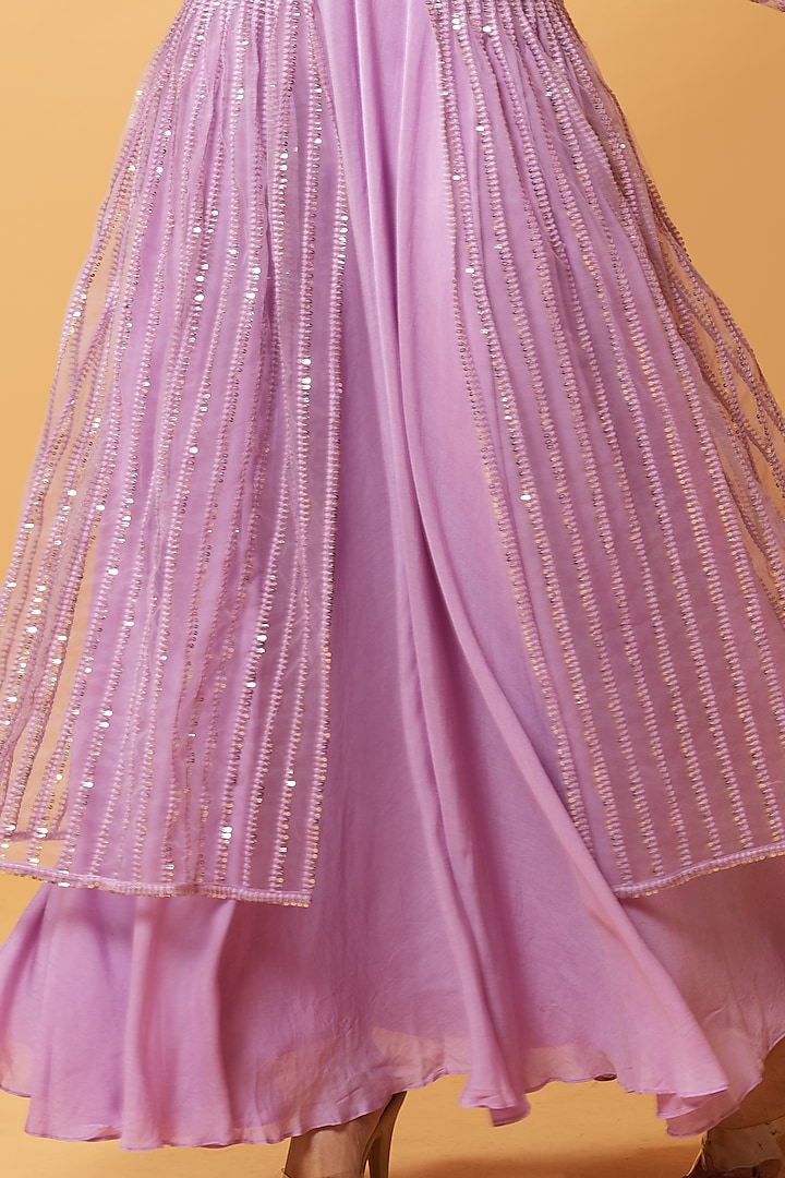 Lilac Muslin & Net Sequins Machine Embroidered Party Wear Gown With Jacket by Quench A Thirst at Pernia's Pop Up Shop