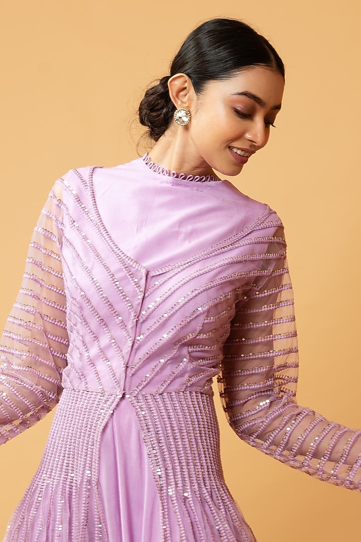Lilac Muslin & Net Sequins Machine Embroidered Party Wear Gown With Jacket by Quench A Thirst at Pernia's Pop Up Shop