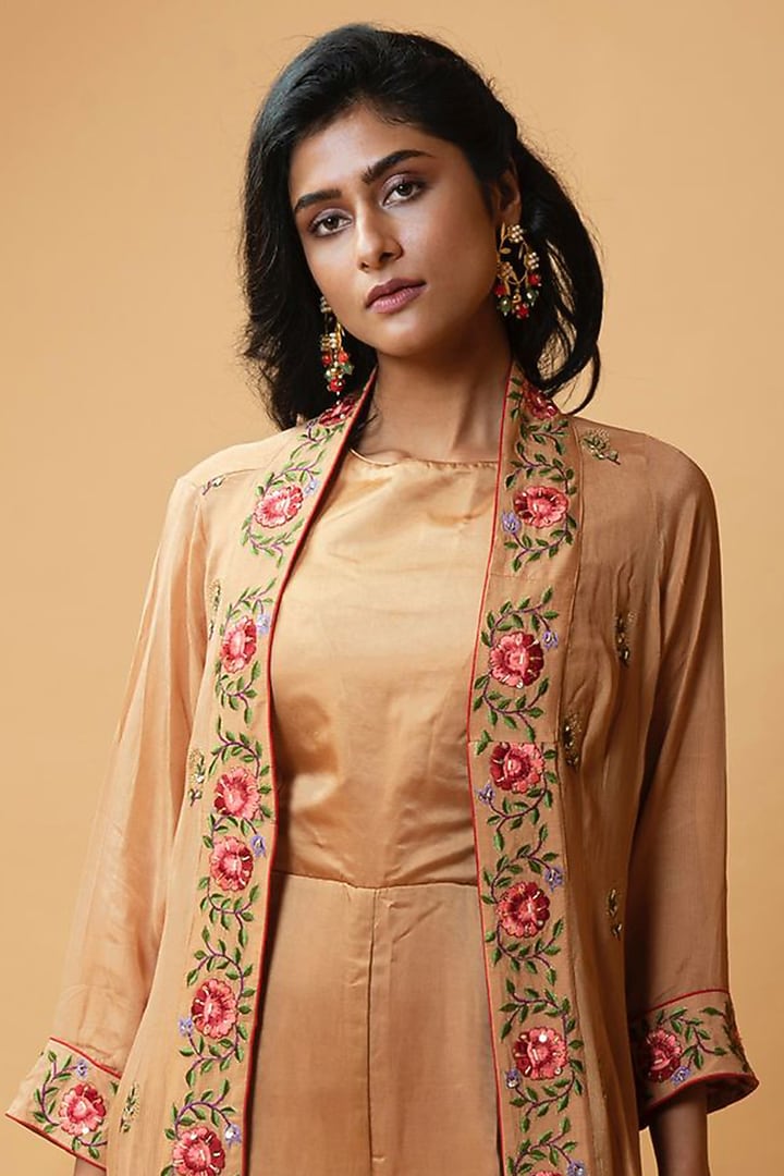 Light Bronze Modal Satin & Chinon Jumpsuit With Jacket by Quench A Thirst at Pernia's Pop Up Shop