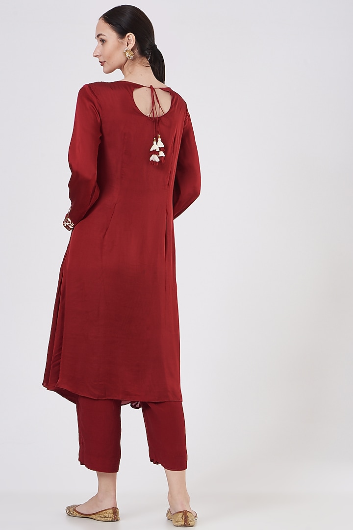 Deep Red Hand Embroidered Kurta Set by Quench A Thirst at Pernia's Pop Up Shop