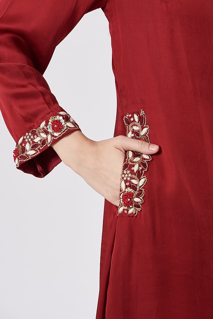 Deep Red Hand Embroidered Kurta Set by Quench A Thirst at Pernia's Pop Up Shop