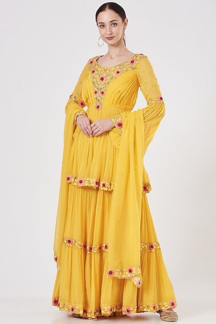 Bright Yellow Georgette Sharara Set by Quench A Thirst at Pernia's Pop Up Shop